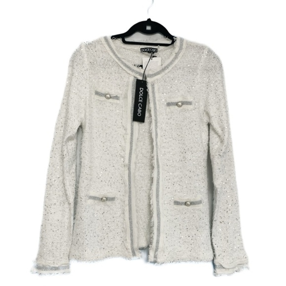NWT Dolce Cabo White Silver Tweed Cardigan Blazer Fringe Edge Trim Size Medium